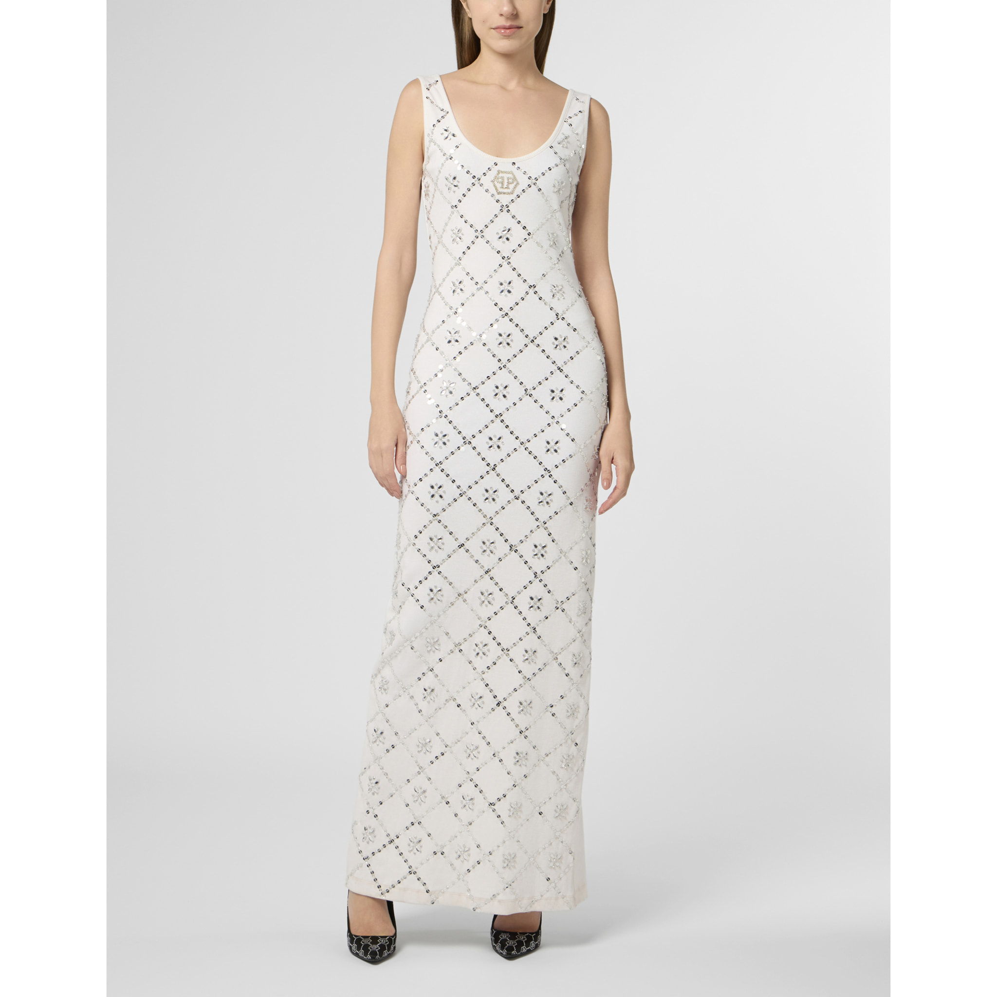 PHILIPP PLEIN Long Tank Dress Rhomb Flowers Strass