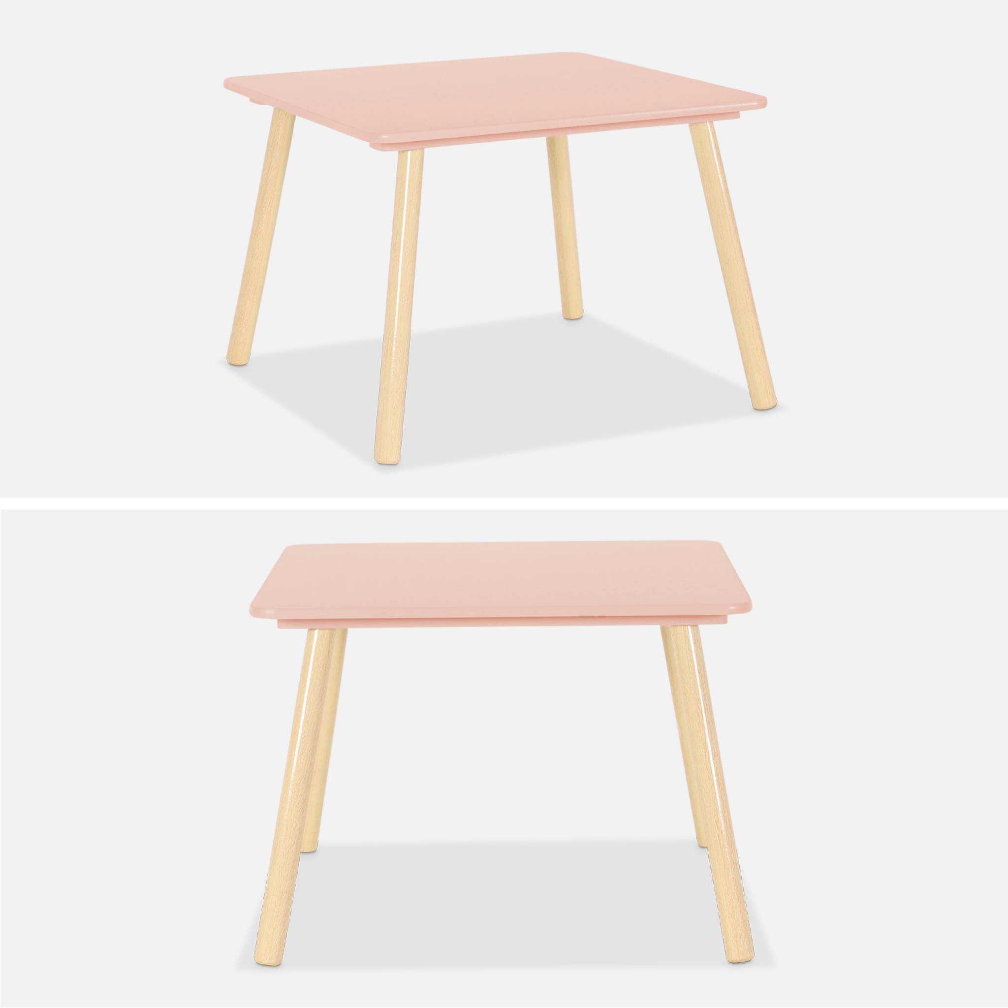 Table carrée enfant avec 2 chaises. pieds en pin. rose