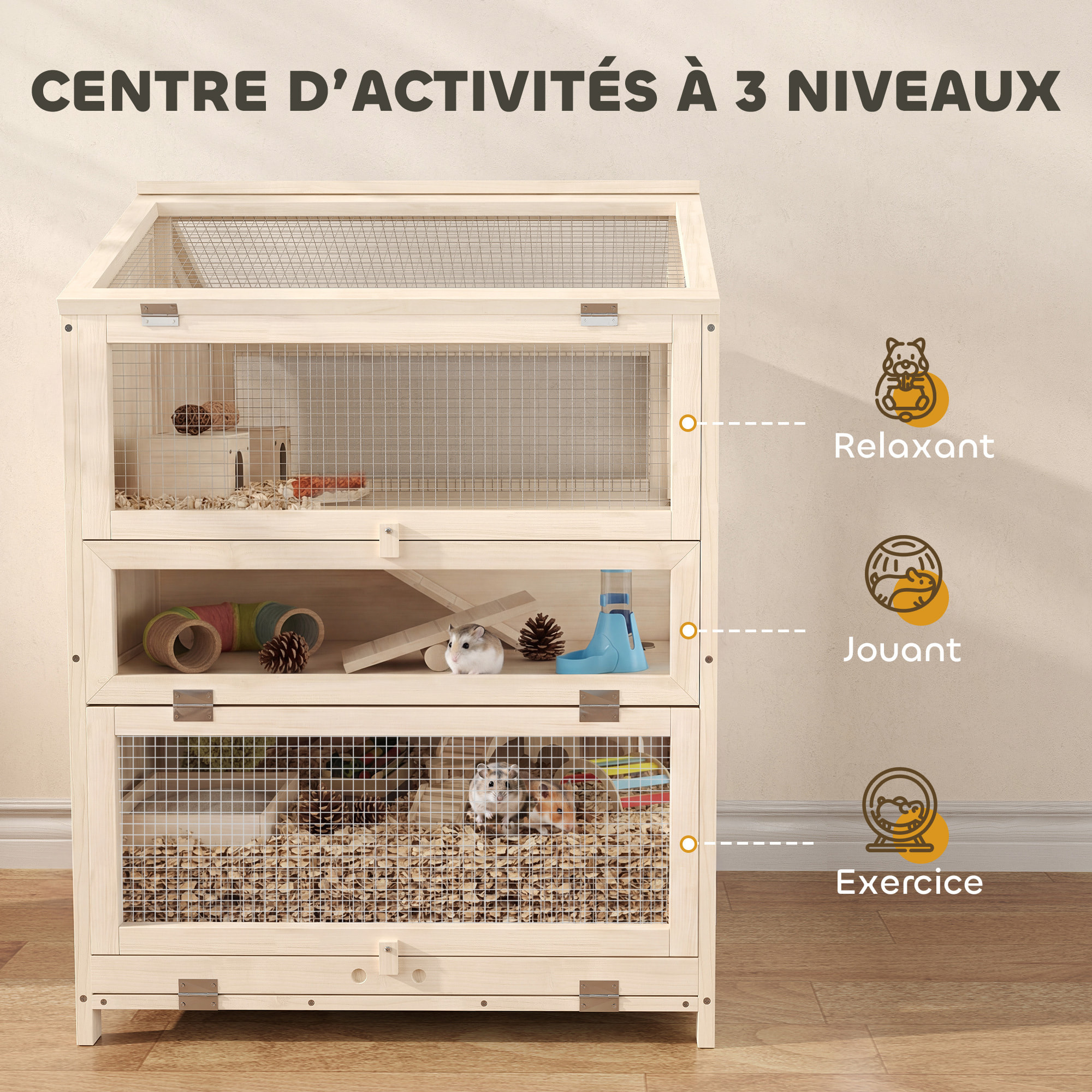 Cage hamster bois 3 niveaux 2 cabanes balançoires biberons 4 rampes