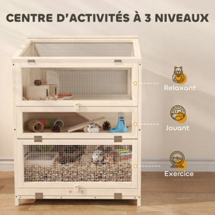 Cage hamster bois 3 niveaux 2 cabanes balançoires biberons 4 rampes