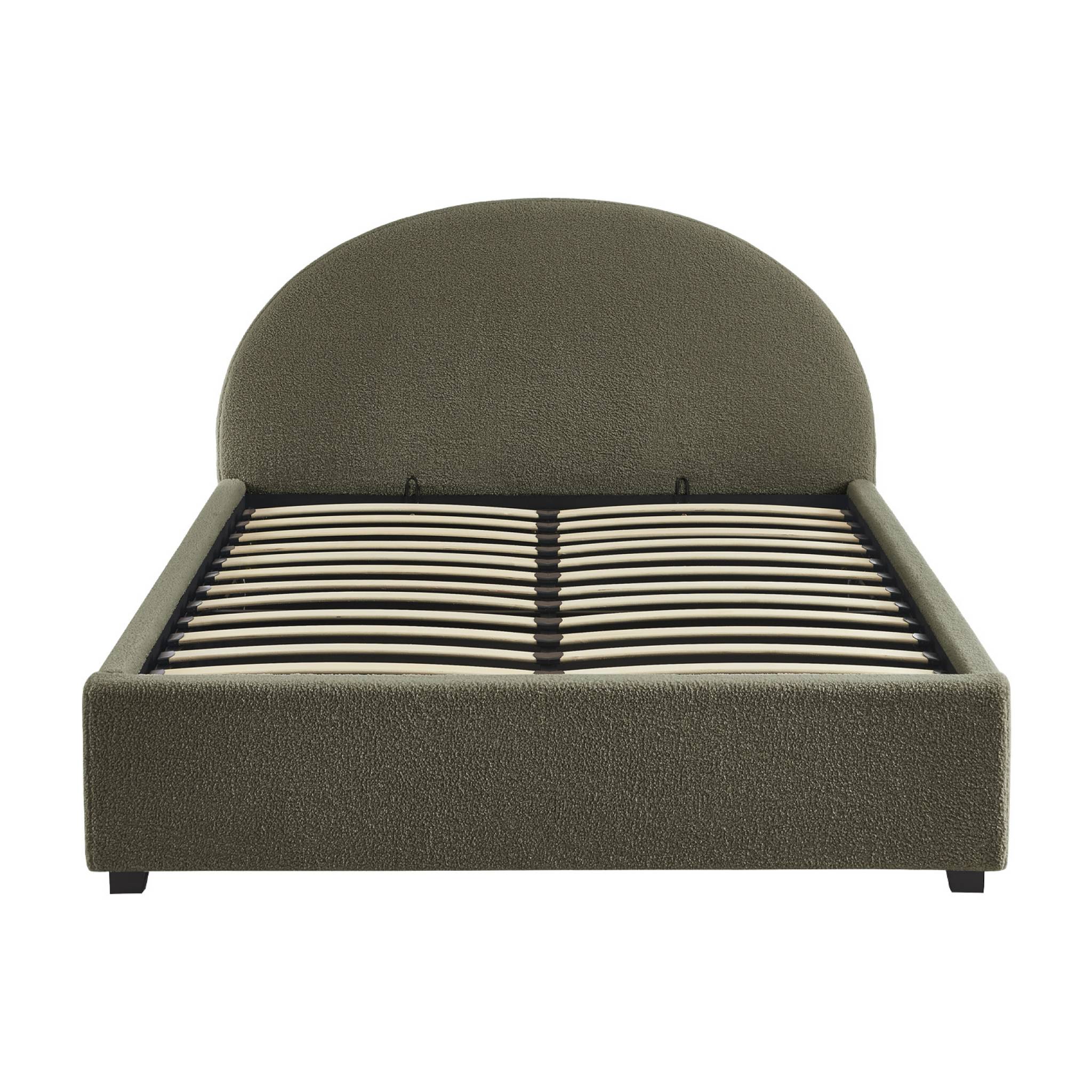 Lit coffre avec sommier à lattes et tête de lit. finition bouclette. kaki. L 206 x P 153.5 x H 102cm