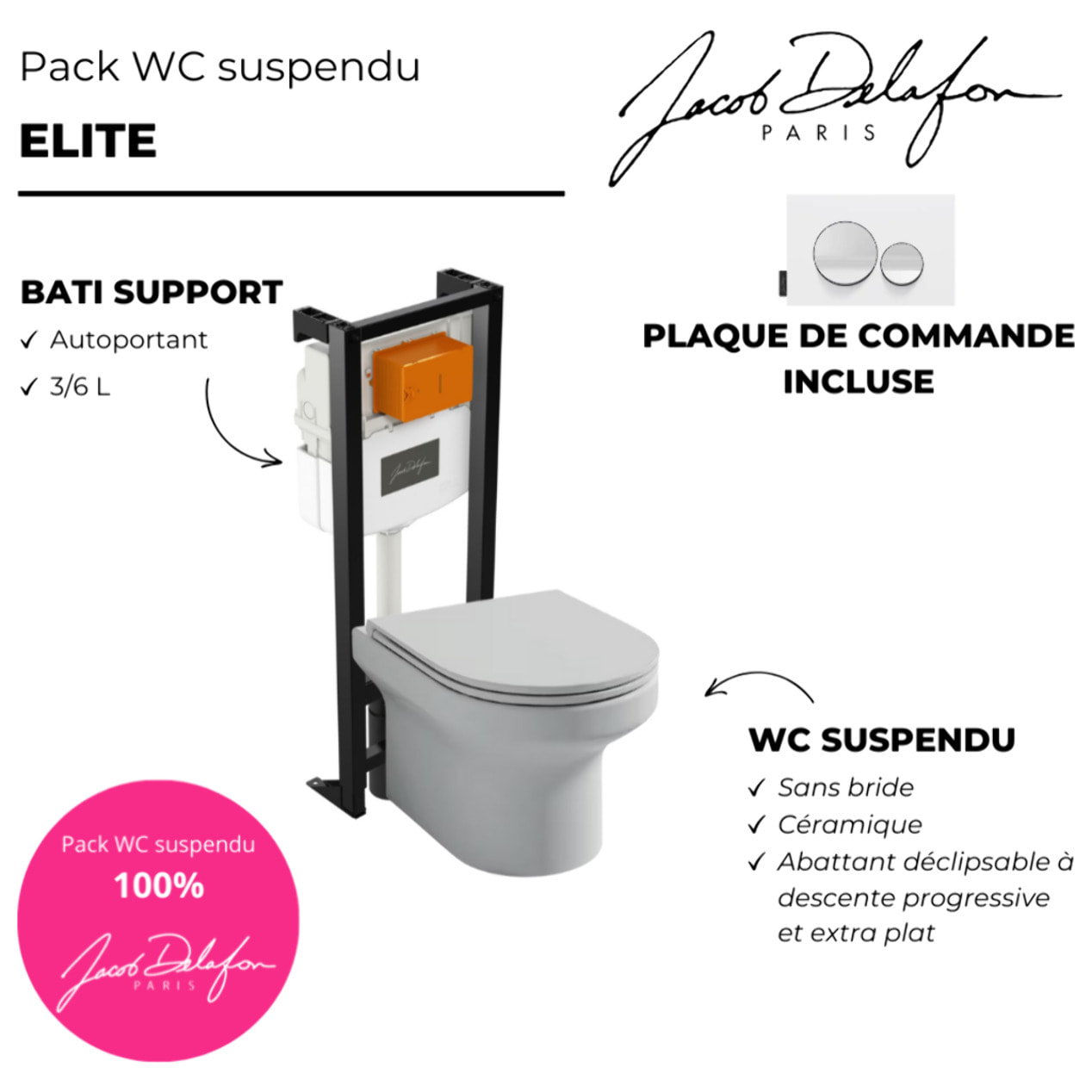 Pack WC suspendu sans bride  Elite + bâti-support + plaque Blanc brillant/Blanc mat