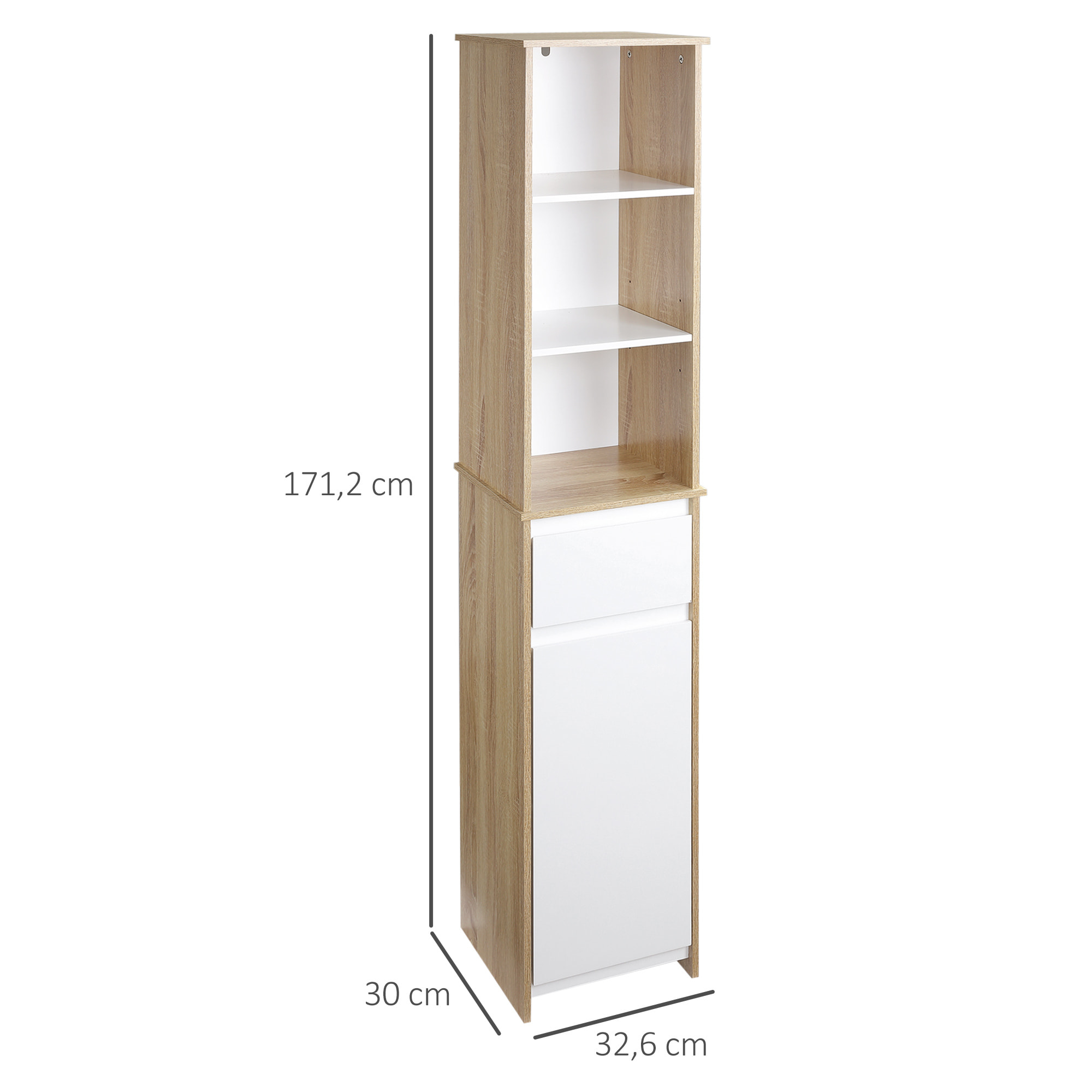 Armario Alto de Baño Mueble Columna de Baño con 1 Puerta Cajón y 3 Estantes Balda Ajustable para Cocina Salón 32,6x30x171,2 cm Madera Natural y Blanco