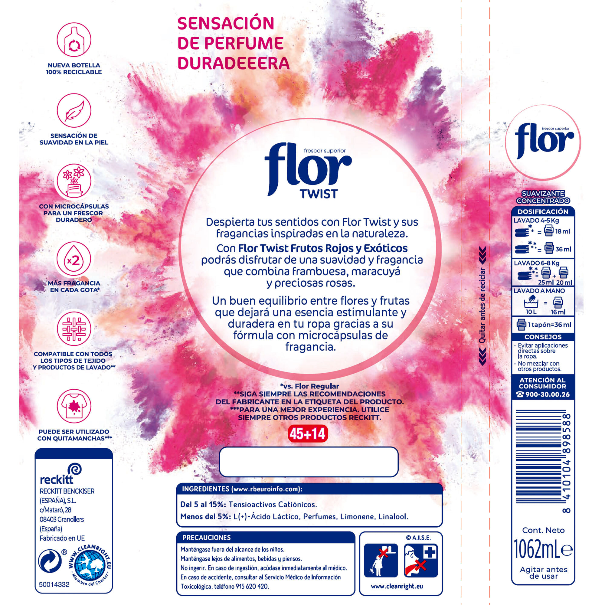 Flor Twist Frutos Rojos y Exóticos - Suavizante concentrado para la ropa con notas naturales - 236 lavados (4botellas x 59 dosis)