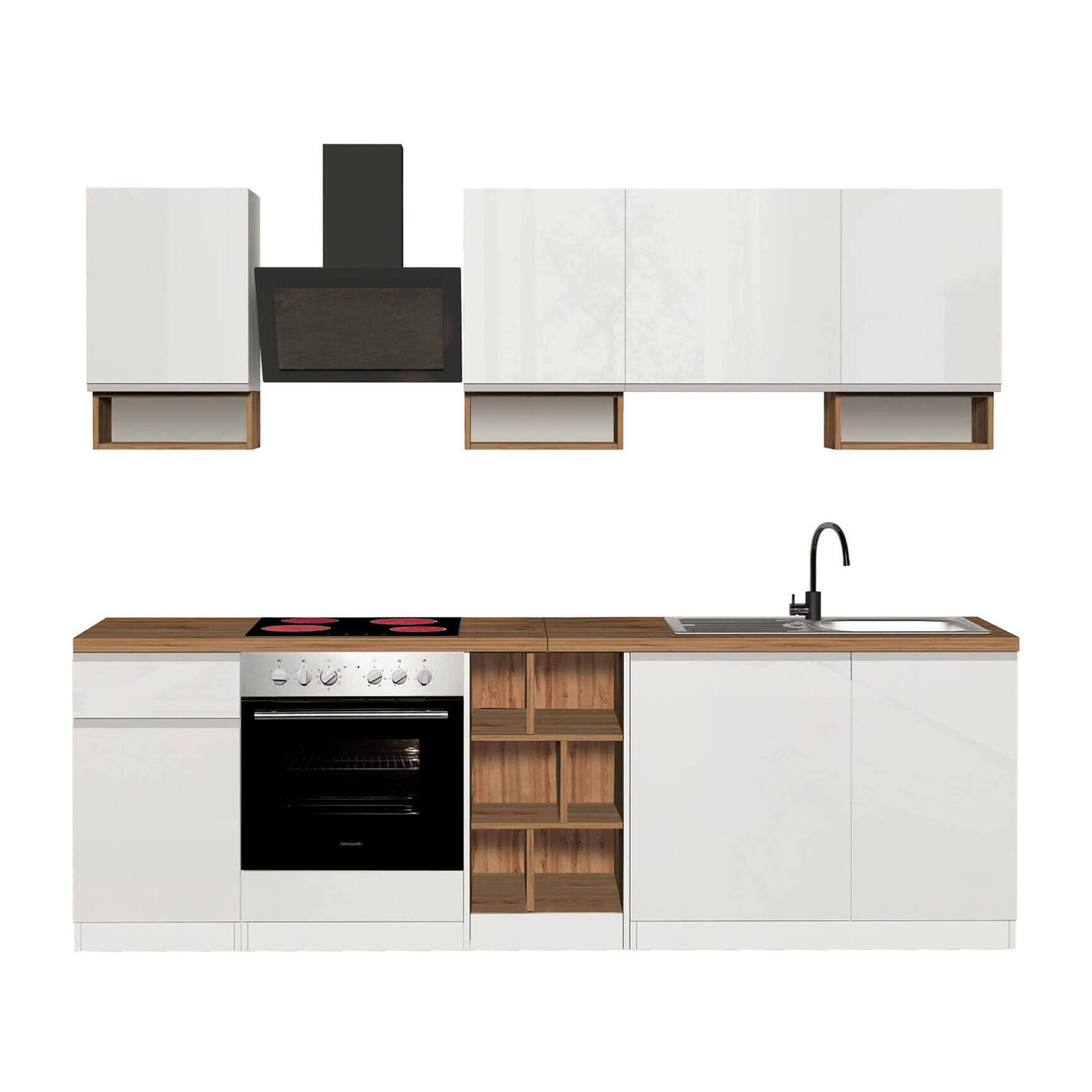 Cucina completa Dcelient, Cucina pratica e salvaspazio, Parete da cucina con 7 ante e 1 cassetto, 100% Made in Italy, 255x60h85 cm, Bianco lucido e Rovere