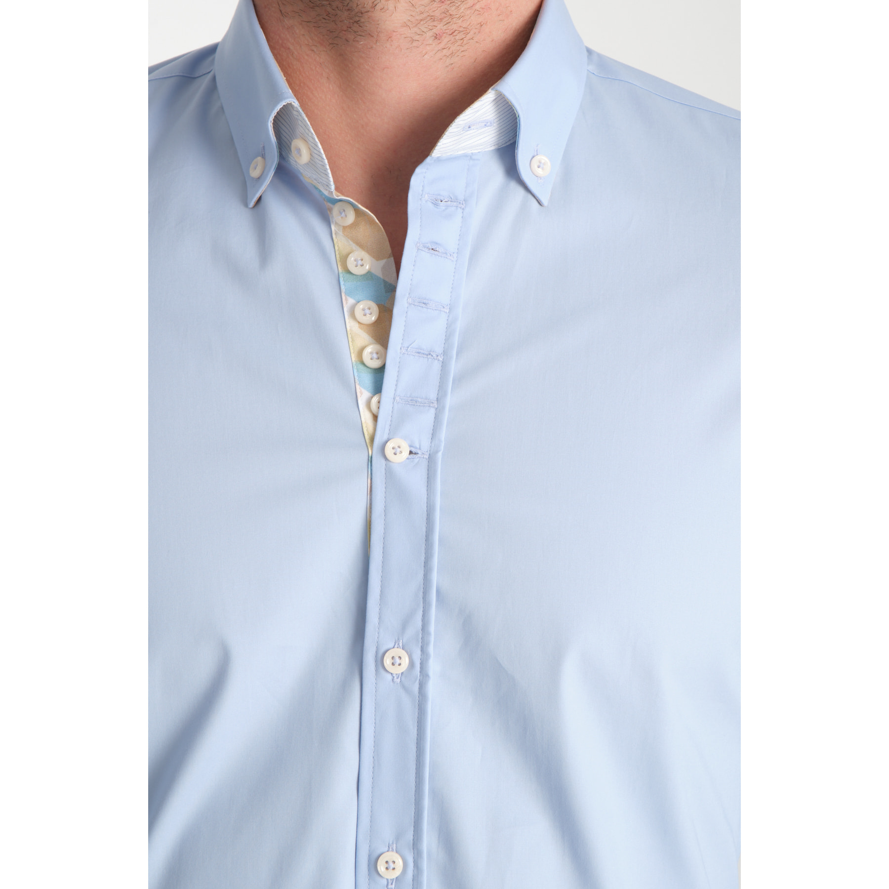 Camicia Uomo 1 Bottoni Button Down Slim Popeline Stretch Unito Celeste