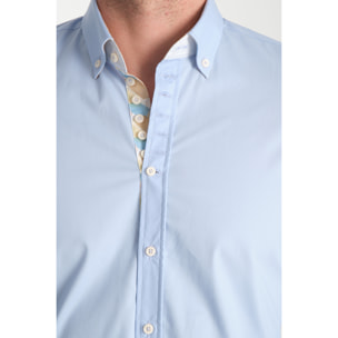Camicia Uomo 1 Bottoni Button Down Slim Popeline Stretch Unito Celeste