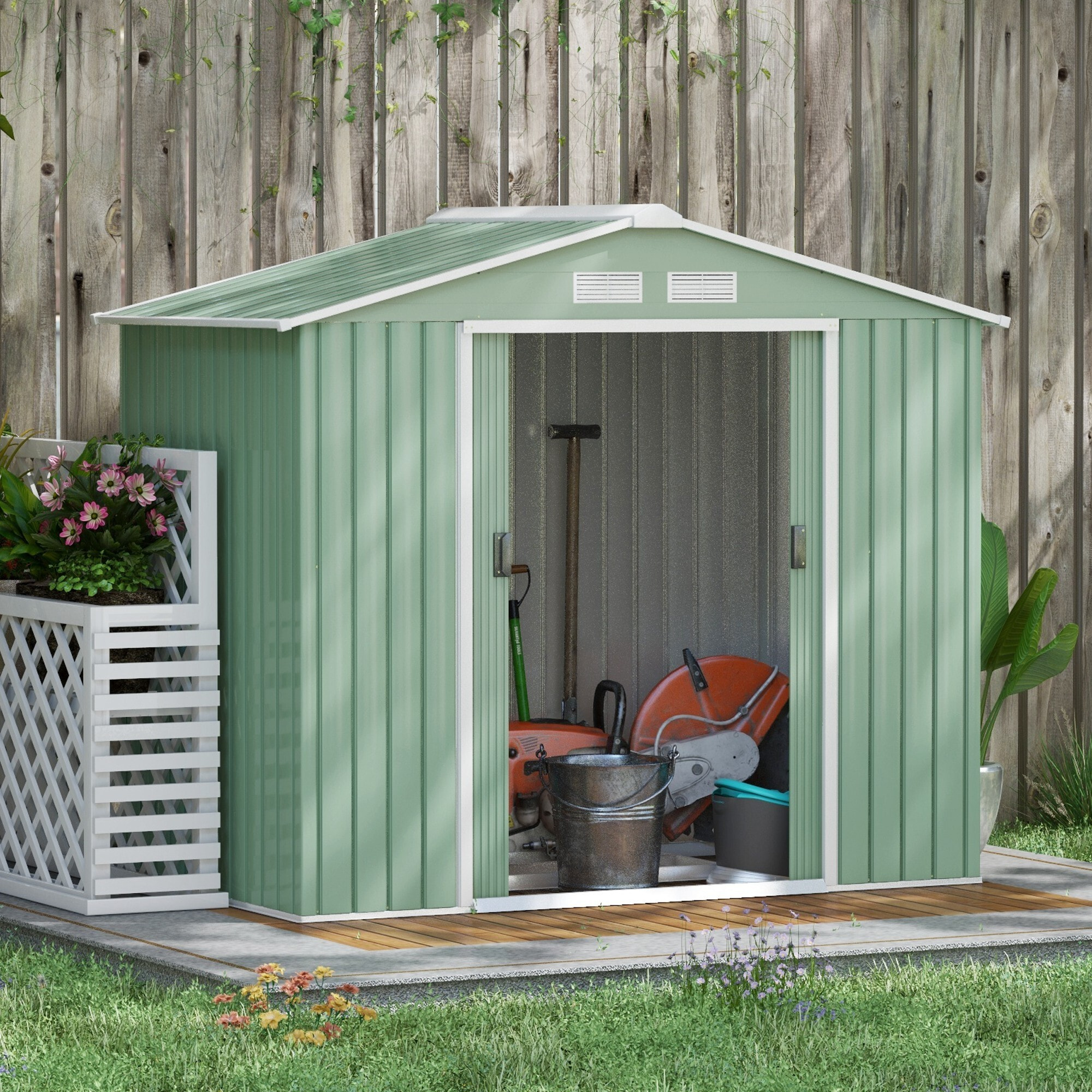 Abri de jardin - remise pour outils - cabanon porte verrouillable - dim. 213L x 130l x 185H cm - tôle d'acier vert pastel