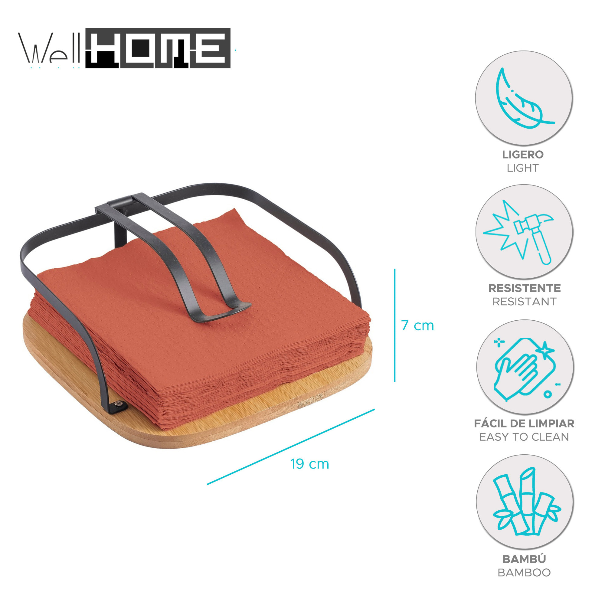 Servilletero de metal y bambú color Negro