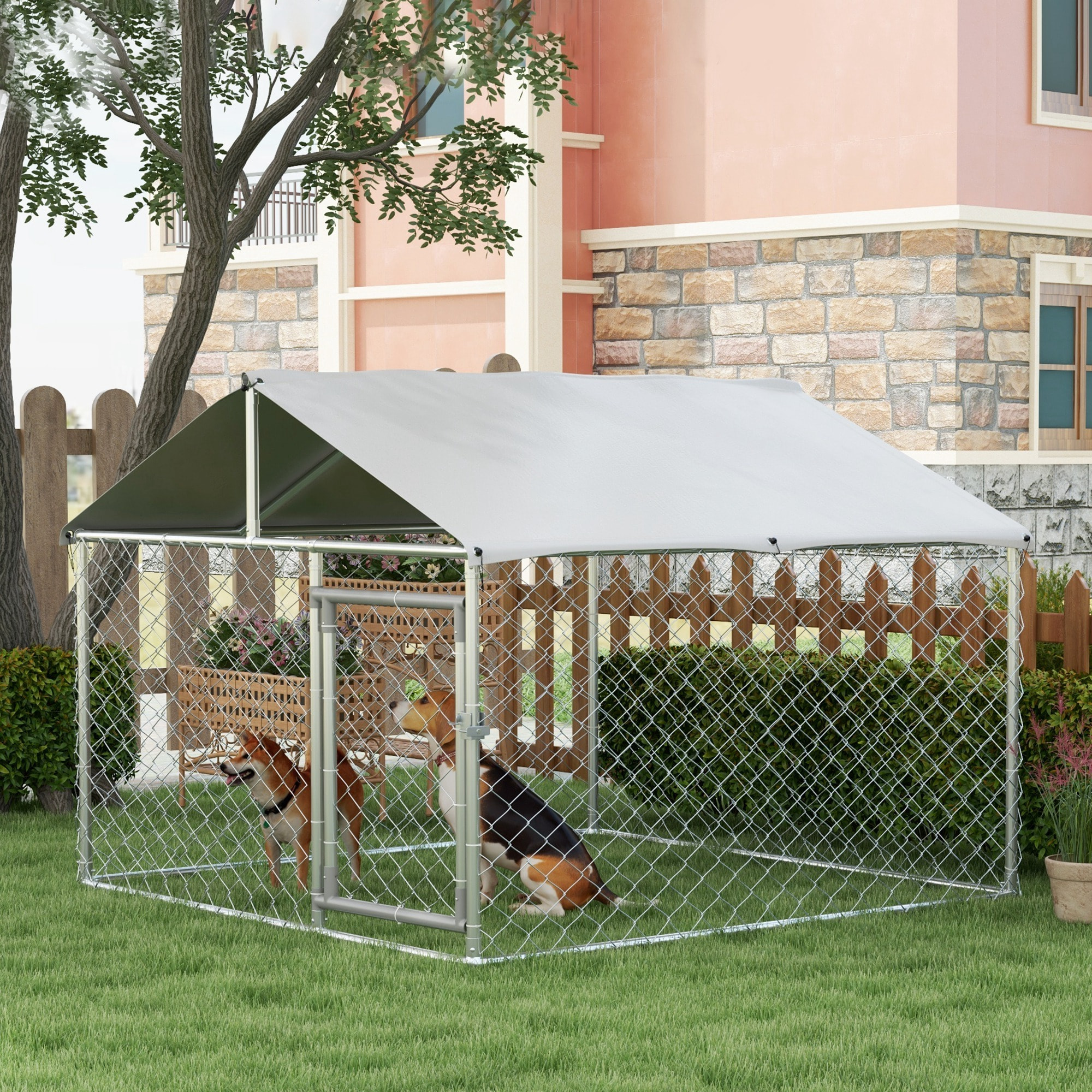 Perrera Jaula de Exterior para Perros Medianos Parque para Perros con Cerradura Marco de Acero Toldo Impermeable y Anti-UV 200x200x150 cm Plata