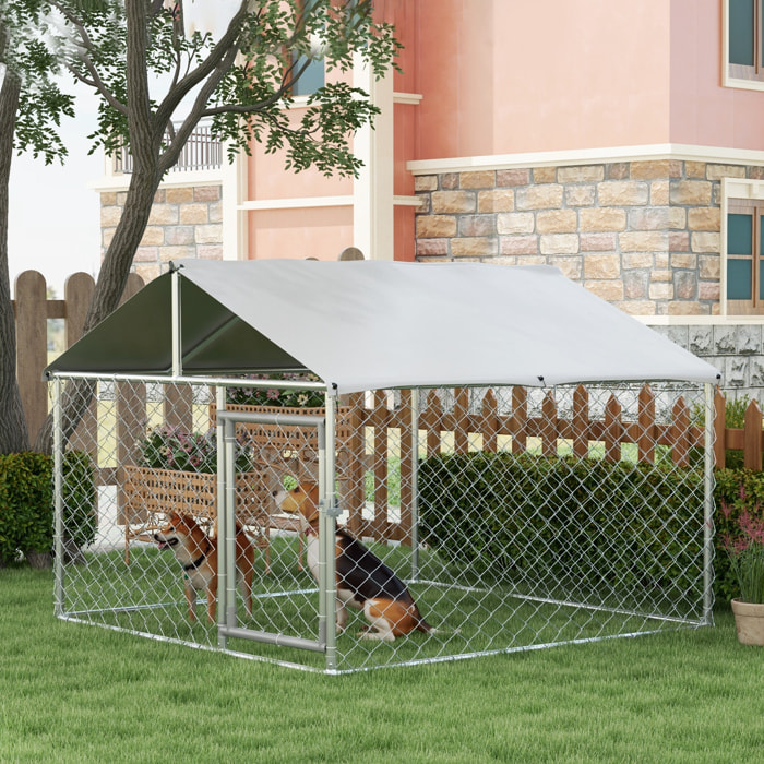 Perrera Jaula de Exterior para Perros Medianos Parque para Perros con Cerradura Marco de Acero Toldo Impermeable y Anti-UV 200x200x150 cm Plata