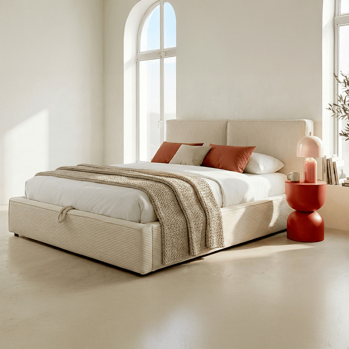 Lit coffre avec tête de lit en velours côtelé - ARNO