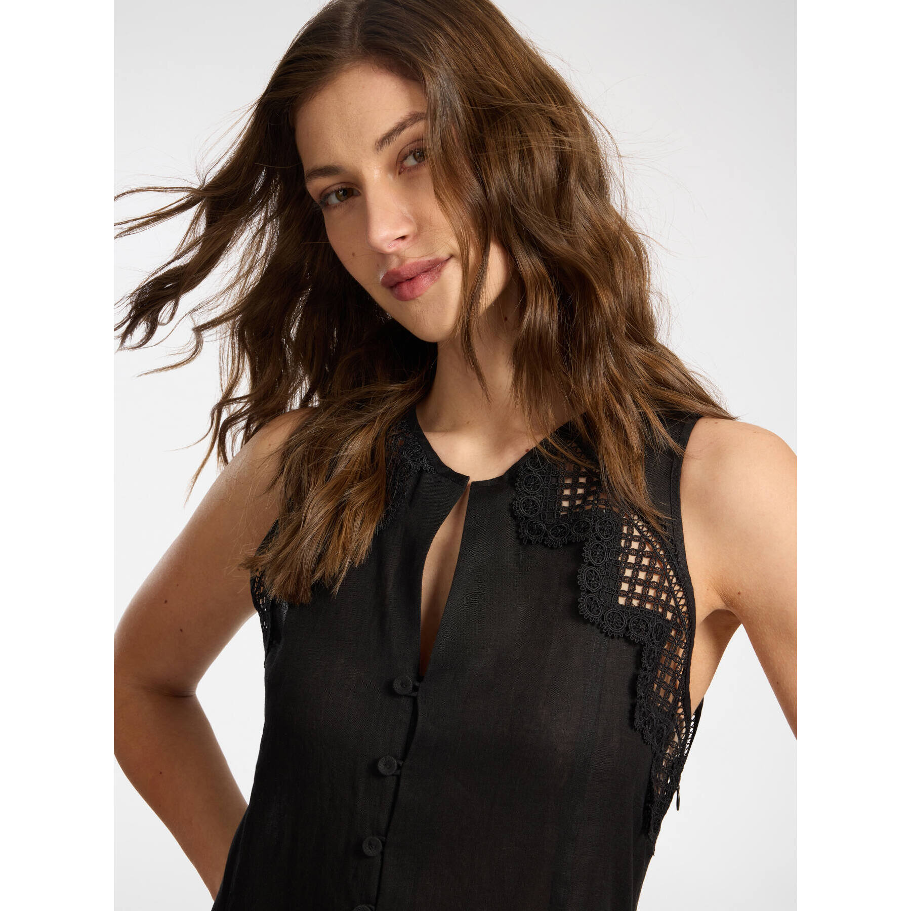 Elena Mirò - Vestido largo de lino con encaje - Negro