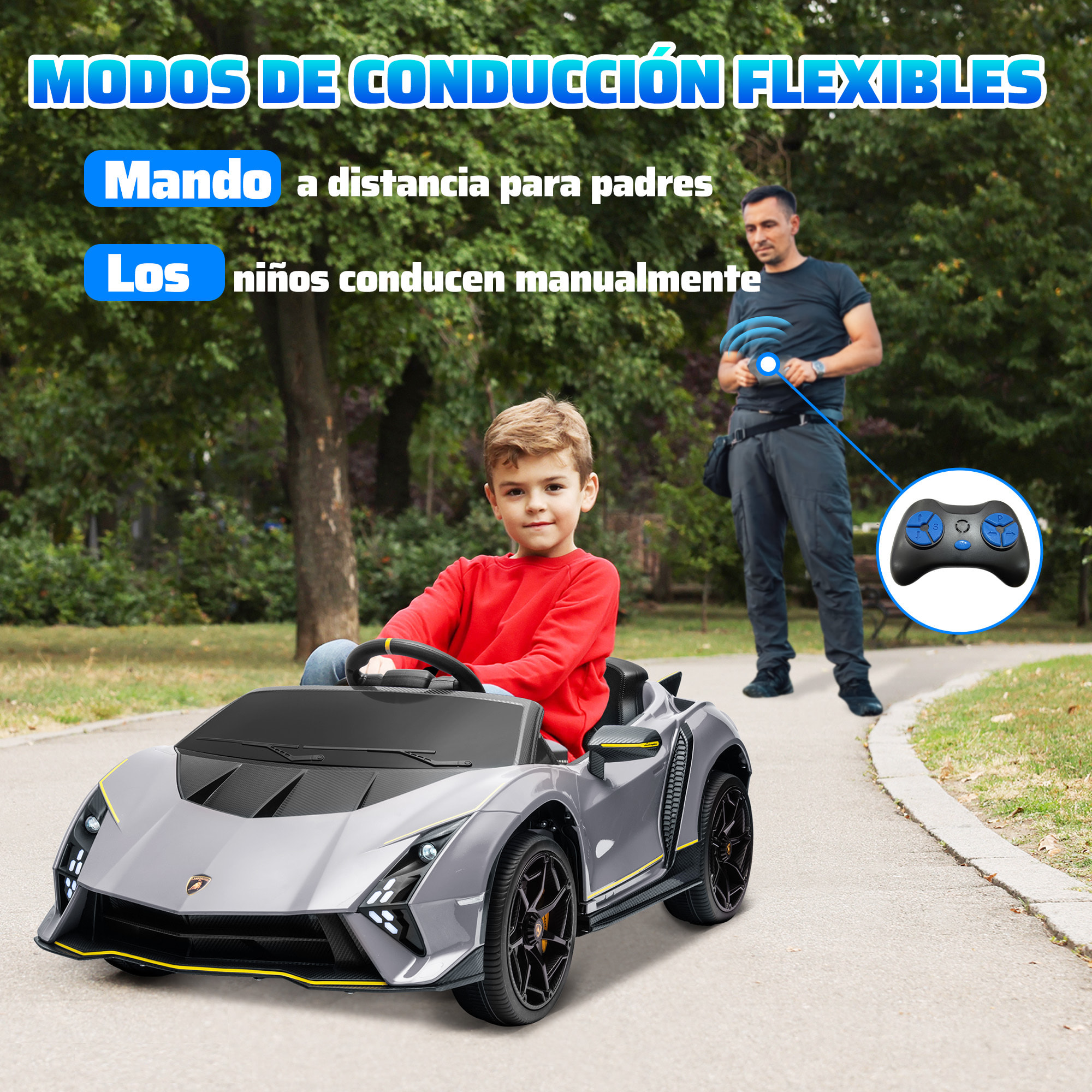 Coche Eléctrico para Niños de +3 Años Lamborghini Autentica Coche Eléctrico con Batería 12V Mando a Distancia Faros Bocina Arranque Suave y Música MP3 Gris