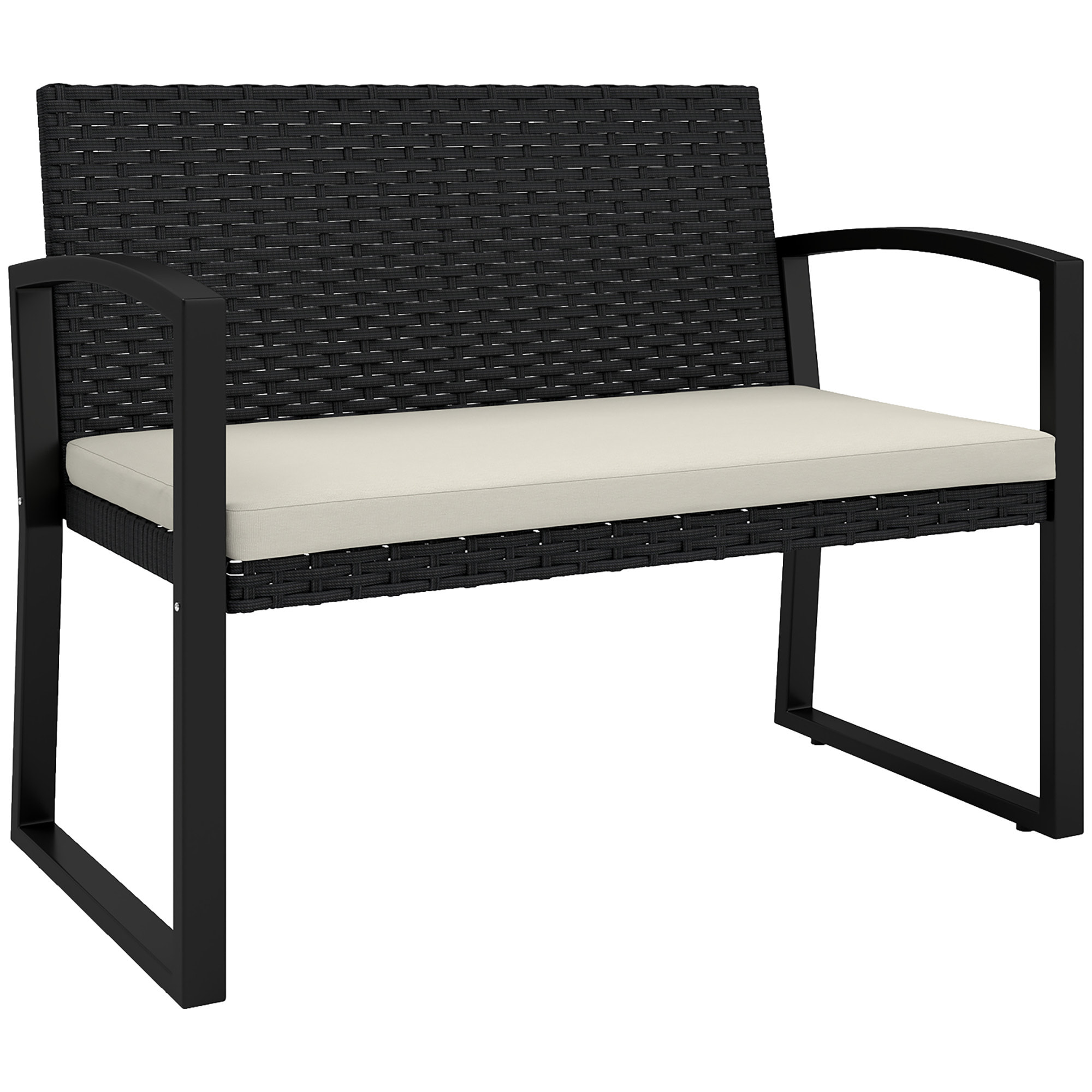 Banco de Jardín de Ratán Sintético de 2 Plazas Banco de Exterior con Cojín y Reposabrazos Carga 240 kg para Terraza Patio 103x58x78 cm Negro y Beige