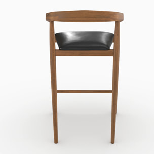 Lot de 2 chaises de bar 77 cm en teck vernis et assise en cuir noir - Bali