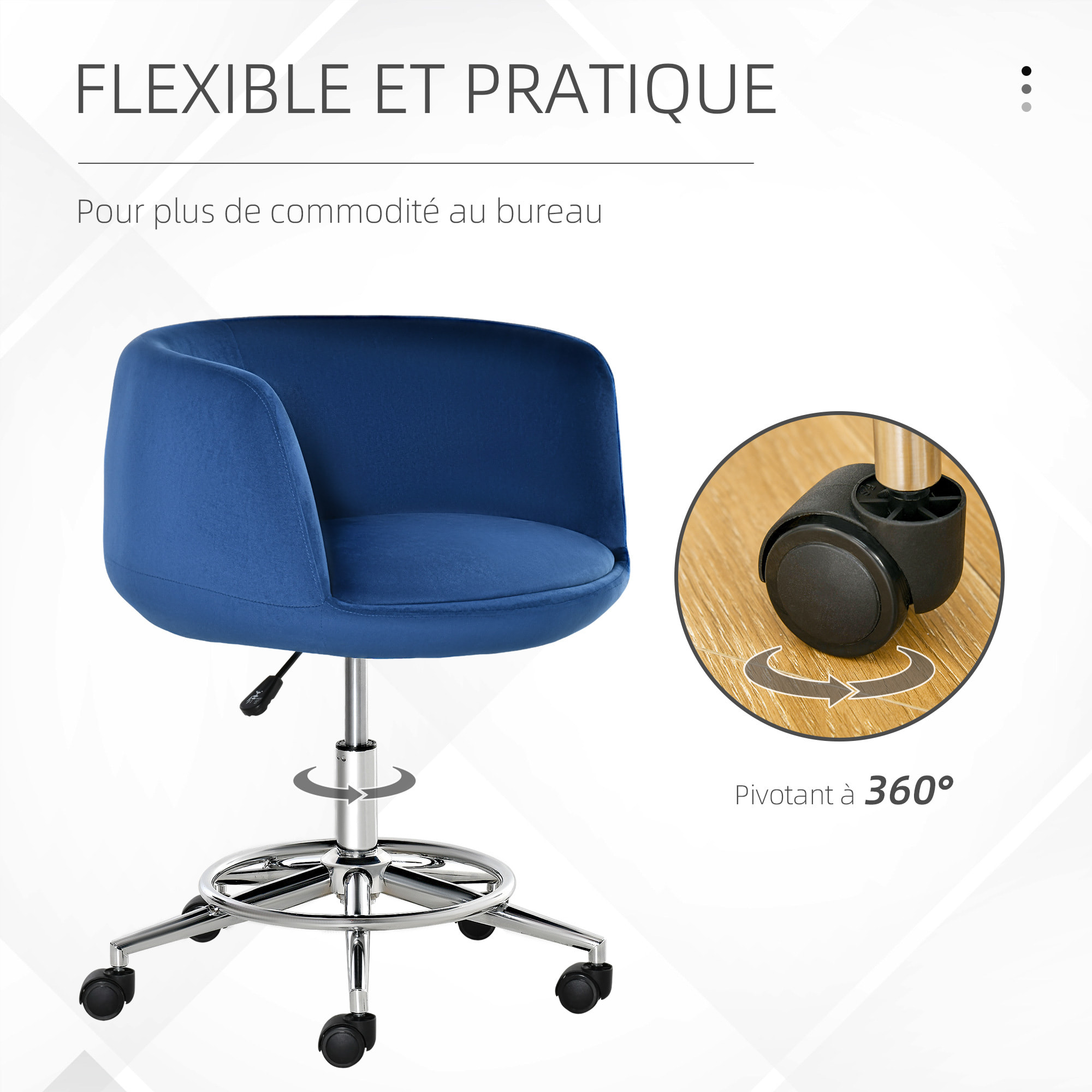 Vinsetto Chaise de bureau ergonomique hauteur réglable pivotante piètement chromé revêtement velours grand confort bleu roi