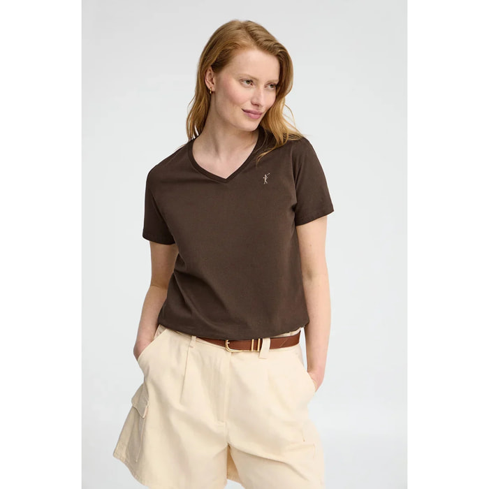 Camiseta color chocolate de manga corta y cuello pico con bordado Rigby Go