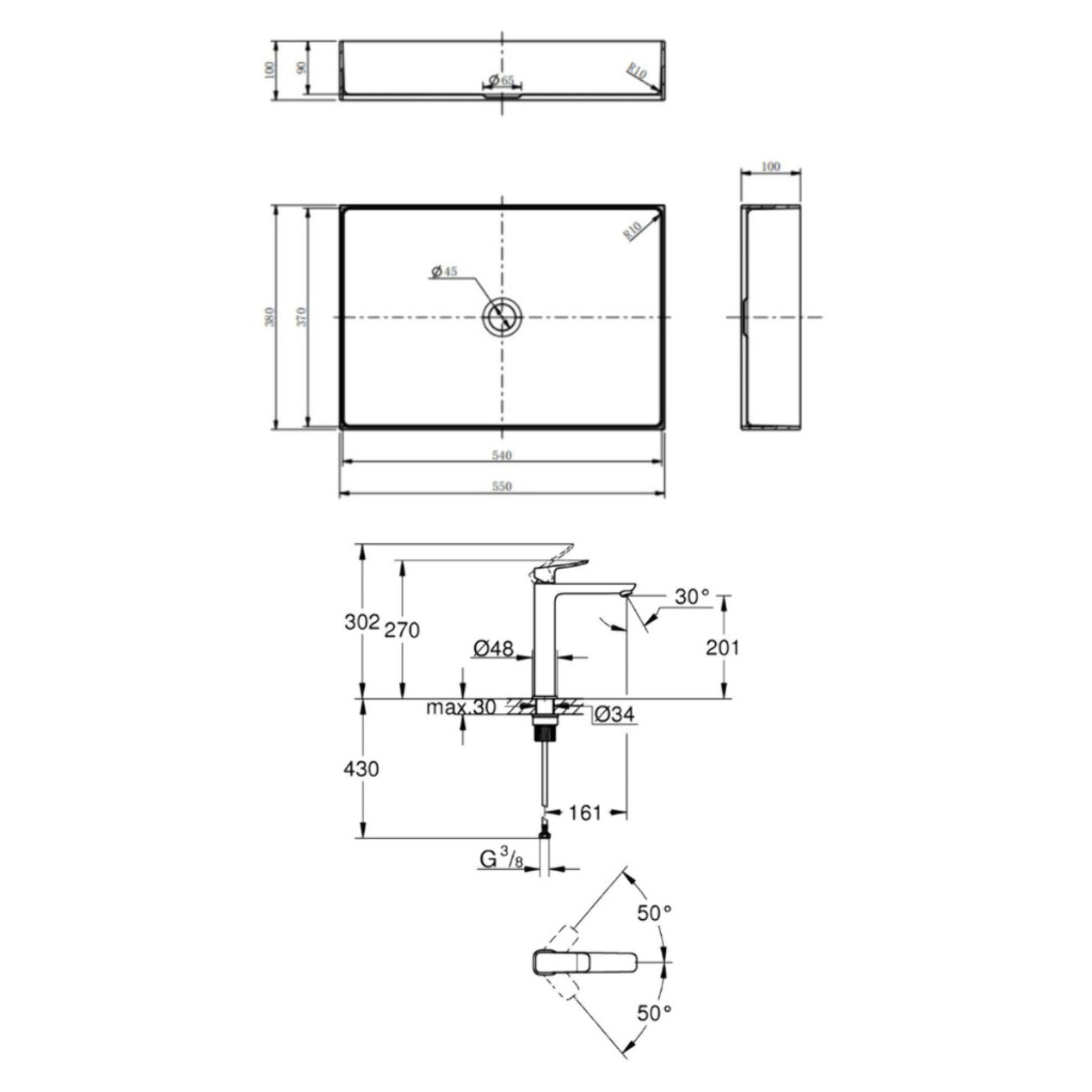 Vasque à poser acier inoxydable 304 55x38x10 cm Ceramia avec bonde + mitigeur lavabo Grohe Dice (TMLBCR1018920000)