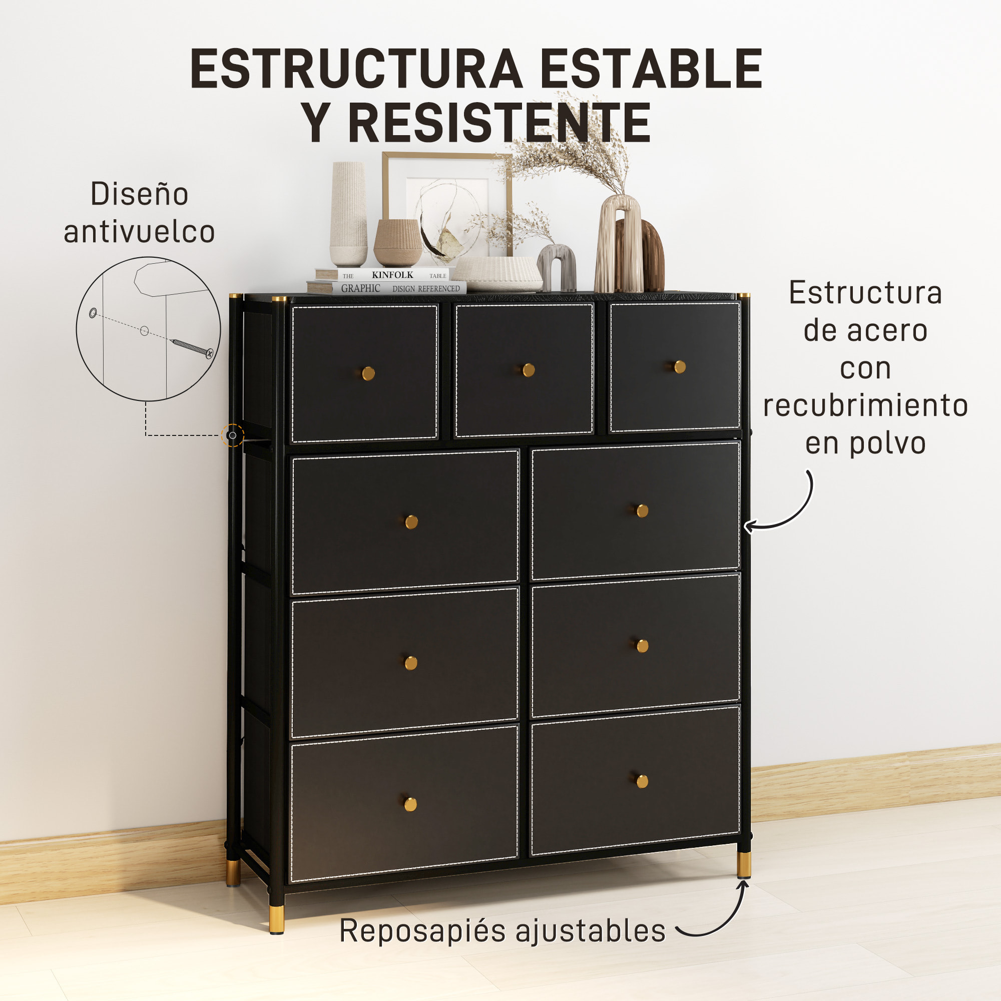 Cómoda para Dormitorio Cajonera de Tela con 9 Cajones Plegables con Frentes de PU y Marco de Acero Cajonera para Dormitorio Salón Negro