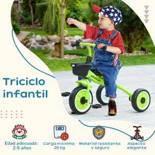 Triciclo para Niños de 2 a 5 Años Bicicleta Infantil con Asiento Ajustable Cesta Timbre Pedales y 3 Ruedas Carga 25 kg 70,5x53x58 cm Verde