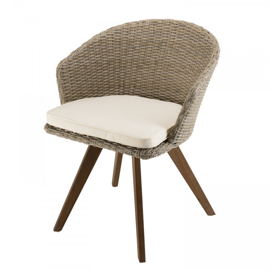 VICTOIRE - Chaise de jardin en rotin synthétique couleur naturelle avec coussin écru pieds en bois Acacia