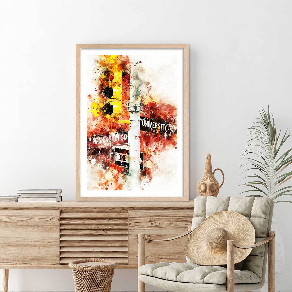 Affiche traffic lights university place Affiche + cadre en bois - Chêne