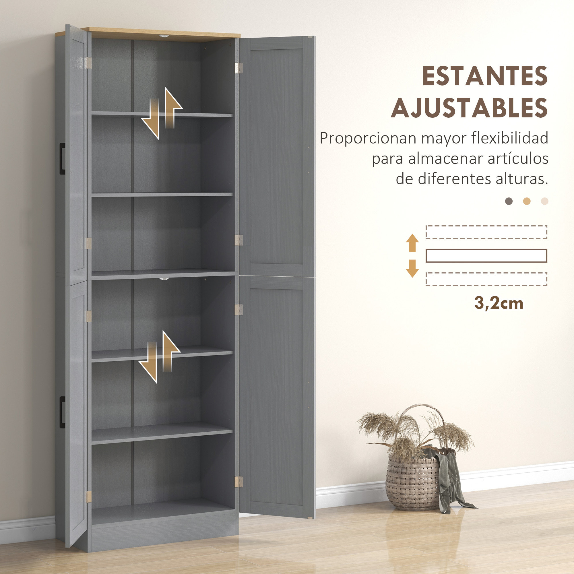 Alacena de Cocina Armario de Cocina Mueble Auxiliar con Puertas y Estantes Ajustables Antivuelco para Comedor Salón 60x30x171 cm Gris