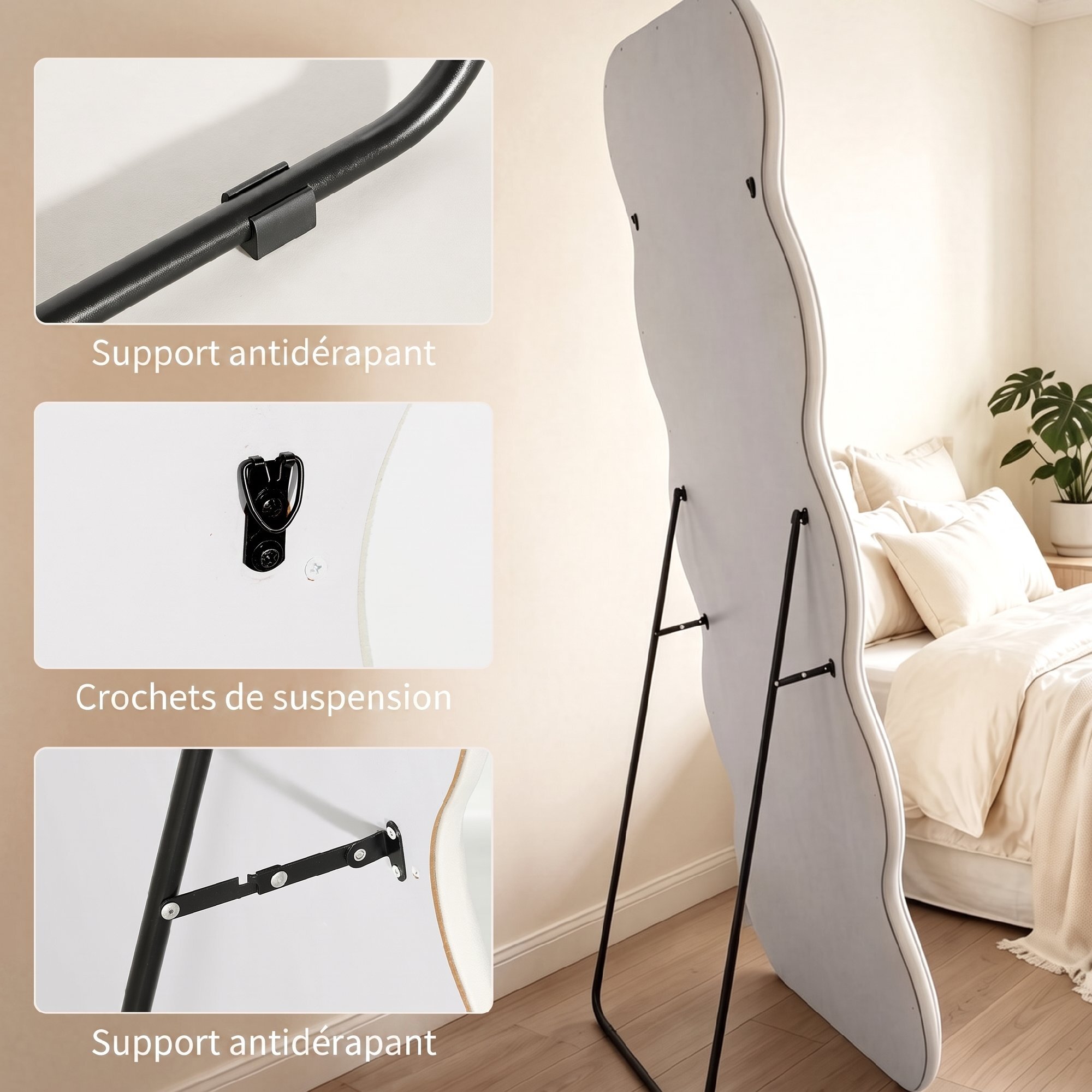 Miroir sur pied pleine longueur design ondulé velours blanc crème