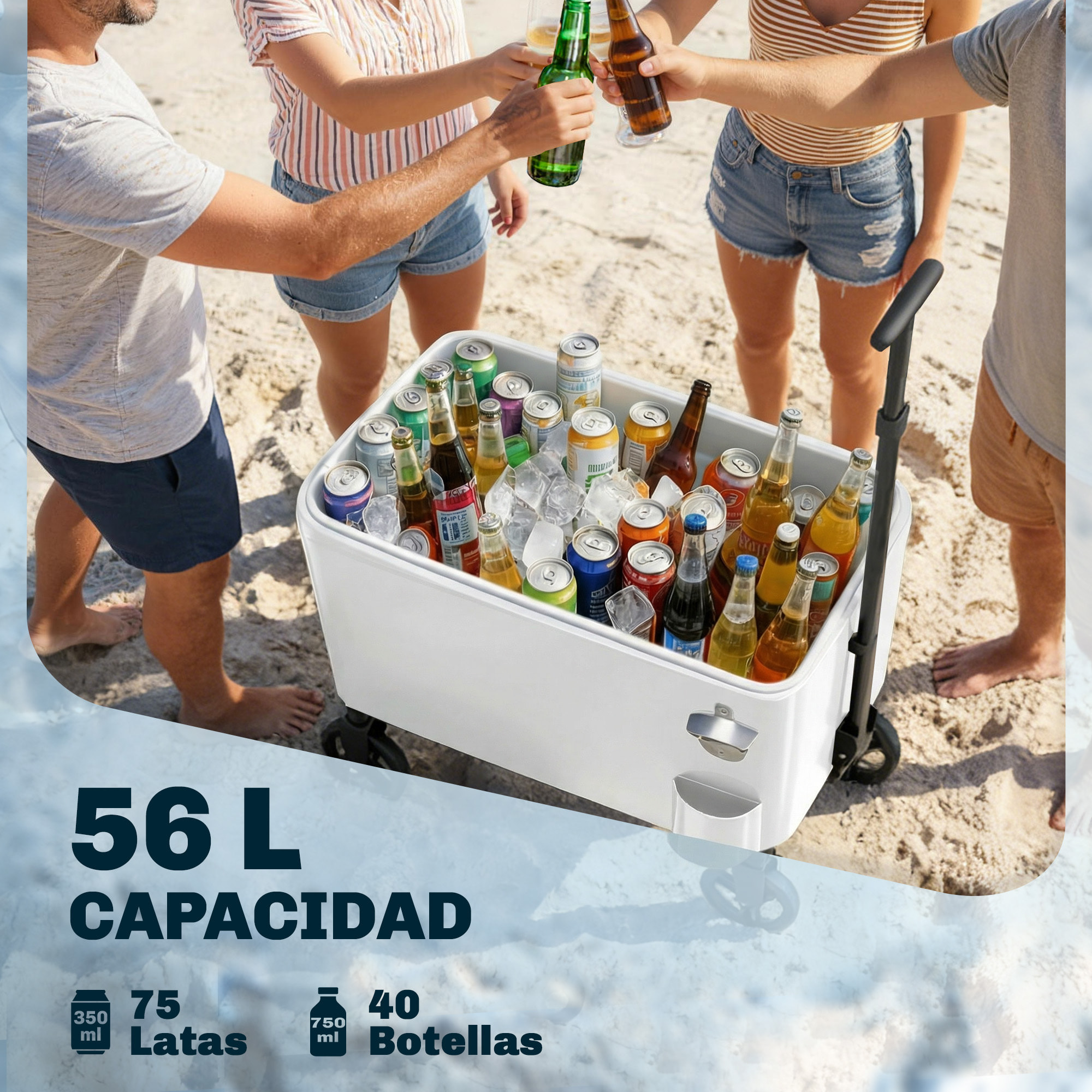 Carrito Nevera de 56L con Ruedas, Carro de Bebidas con Mango Ajustable, Abrebotellas, Recogetapas, Drenaje y Asa, Mesa Nevera Jardín Exterior para Patio, Fiesta, BBQ, 75x35x120 cm, Blanco