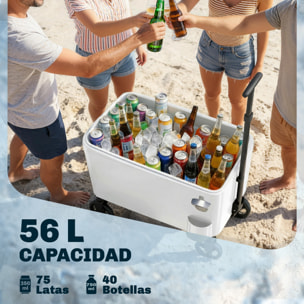 Carrito Nevera de 56L con Ruedas, Carro de Bebidas con Mango Ajustable, Abrebotellas, Recogetapas, Drenaje y Asa, Mesa Nevera Jardín Exterior para Patio, Fiesta, BBQ, 75x35x120 cm, Blanco