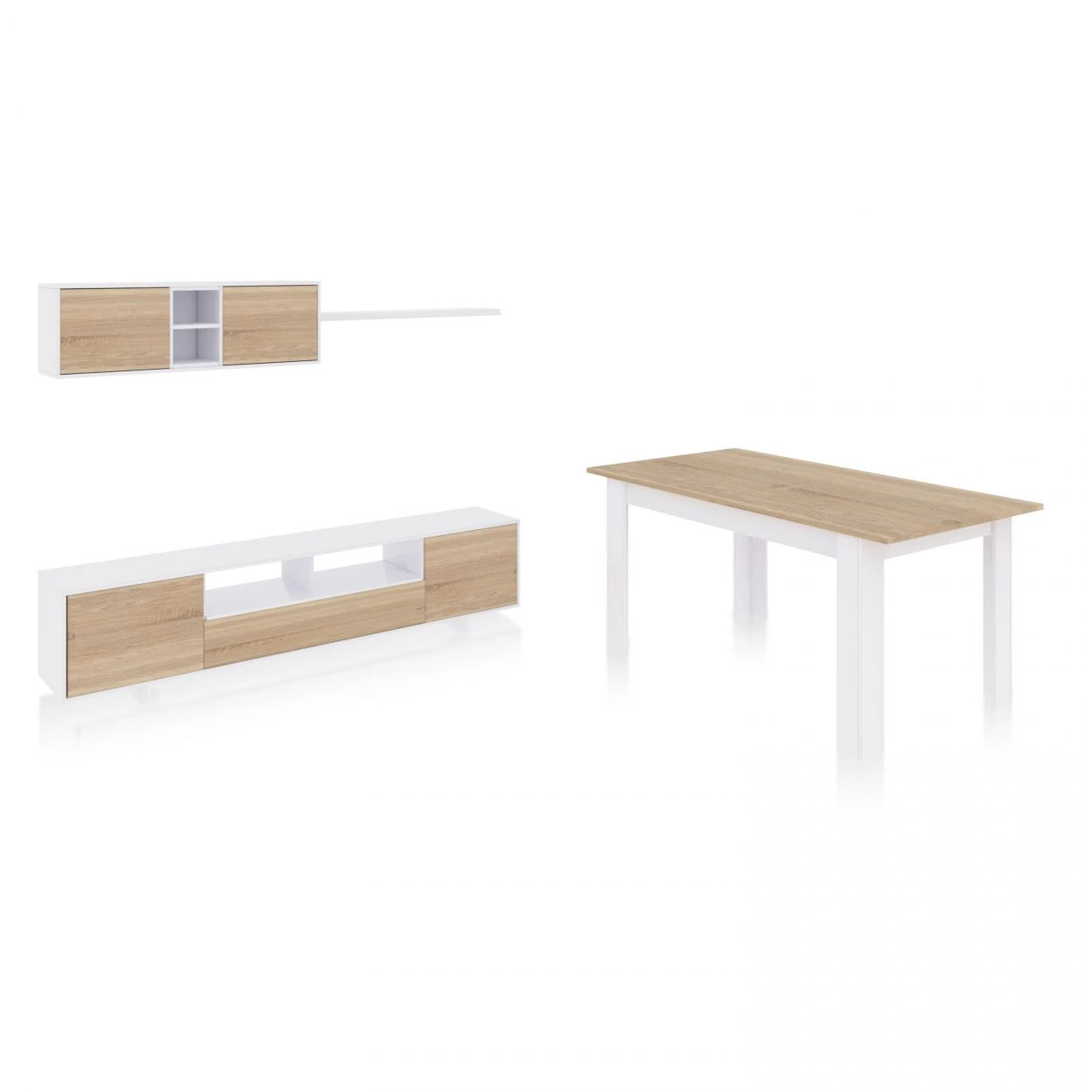 Pack salón con mesa de comedor Kenzo Plus VA Blanco Artik (Blanco Mate) - Roble Canadian