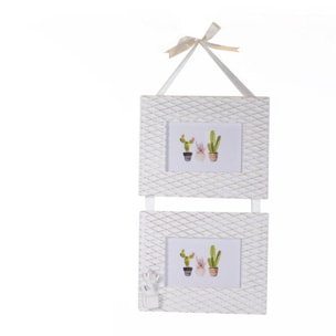 Portafoto da muro con cactus in legno bianco, multiplo 2 foto cm24x50x1