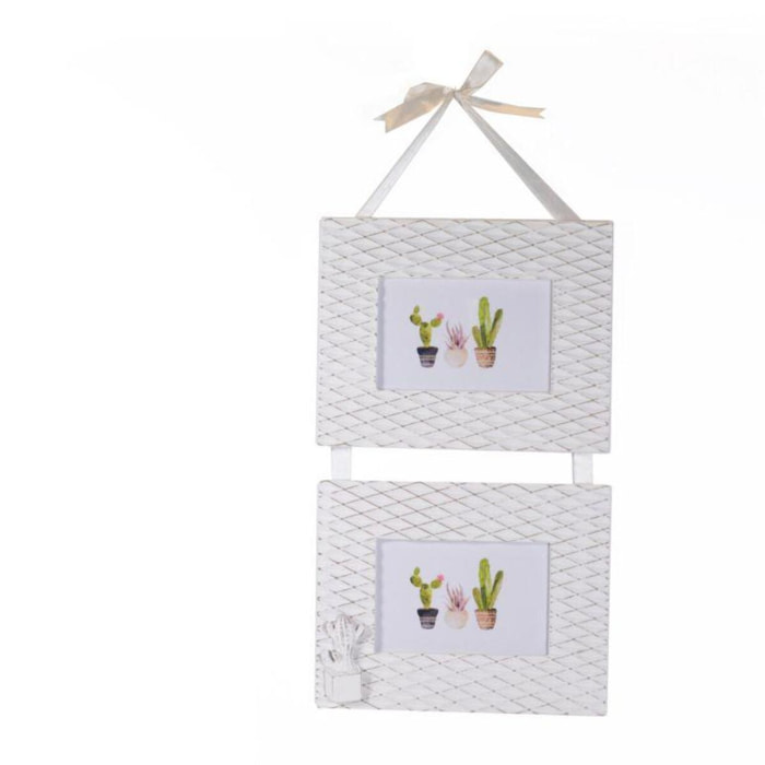 Portafoto da muro con cactus in legno bianco, multiplo 2 foto cm24x50x1