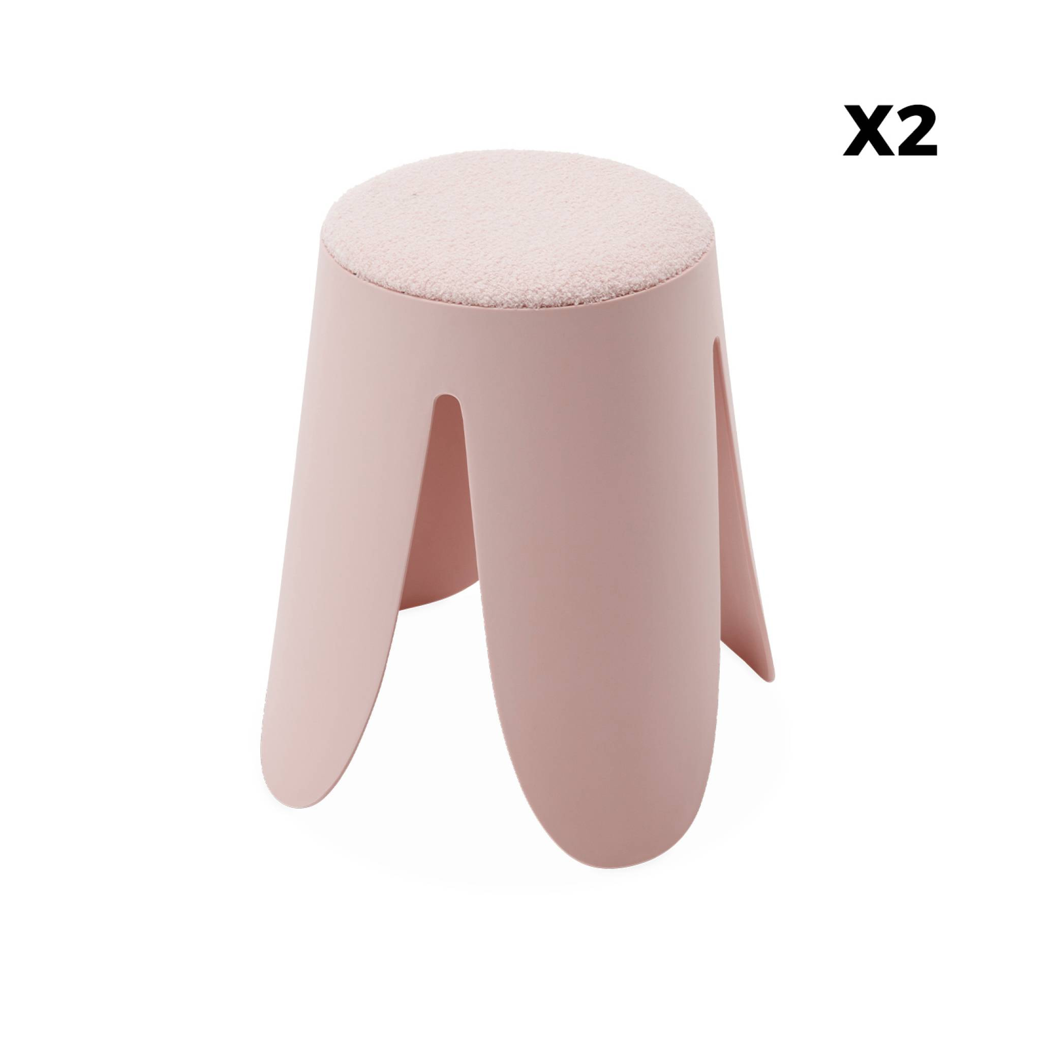 Set de 2 tabourets empilables roses. bouclette texturée. NIKI. Ø30 / 44 x H46cm