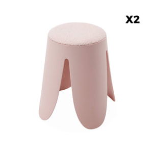 Set de 2 tabourets empilables roses. bouclette texturée. NIKI. Ø30 / 44 x H46cm