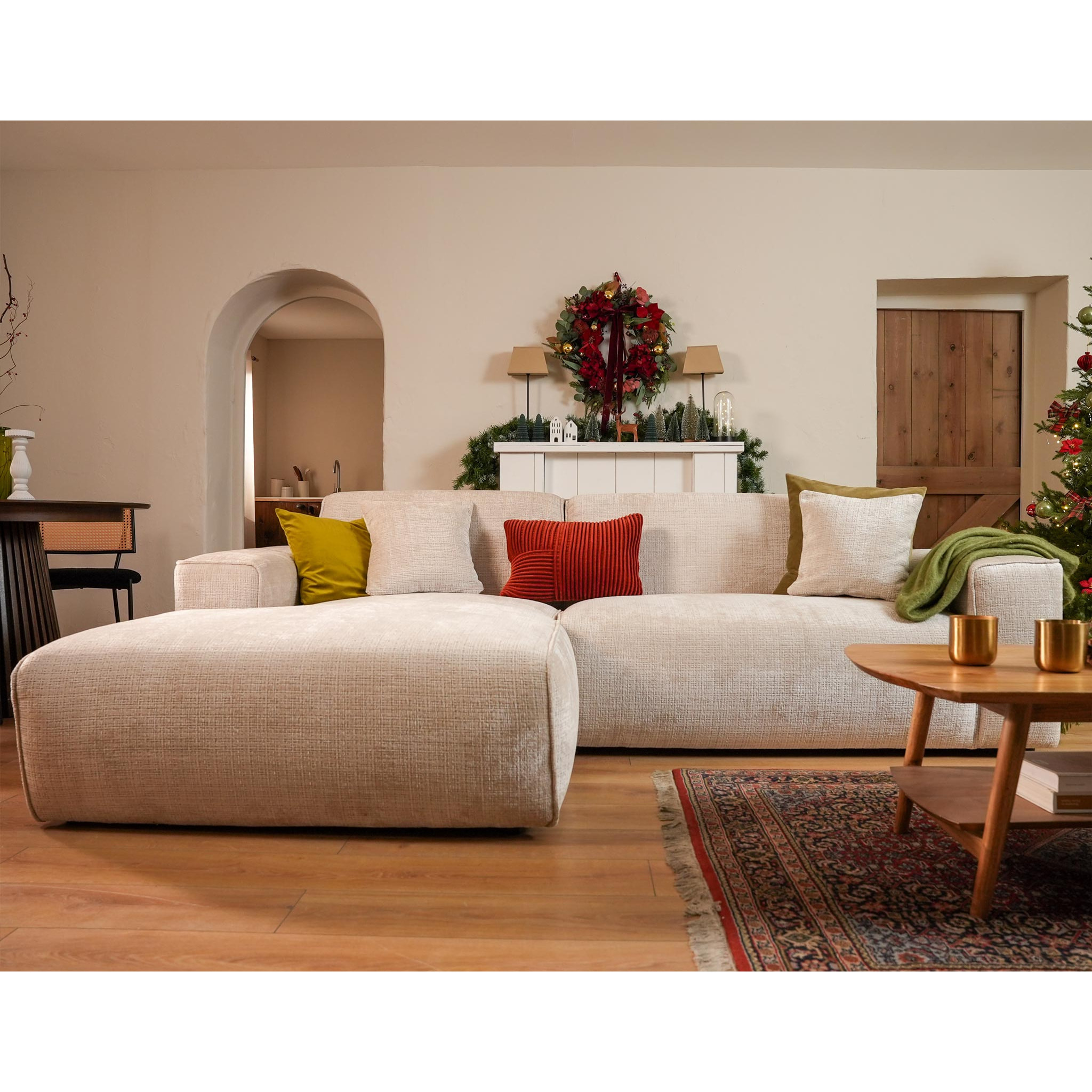 Lison - Canapé d'angle gauche 4 places en velours texturé - Beige