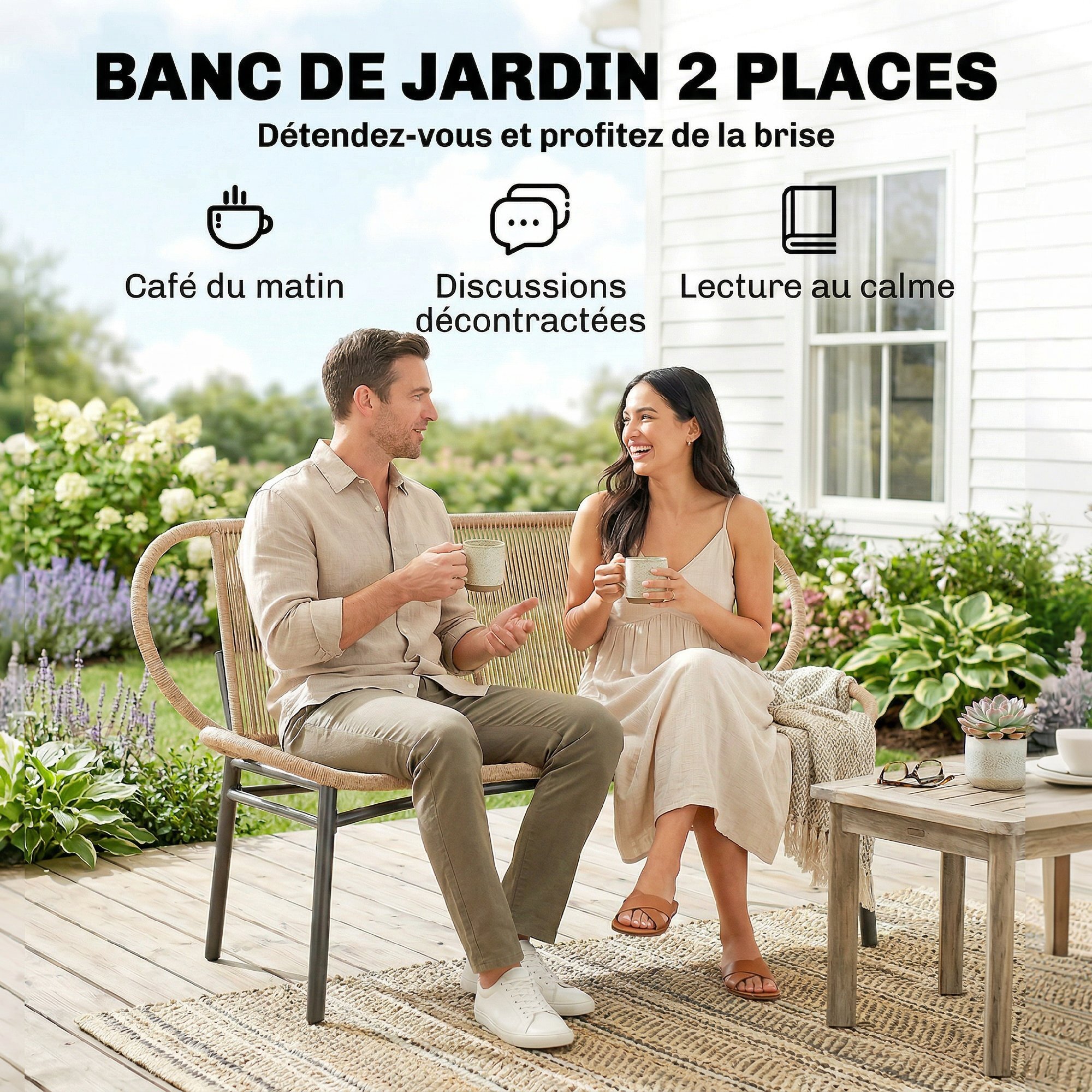 Banc de jardin 2 places design résine filaire effet rotin naturel métal noir