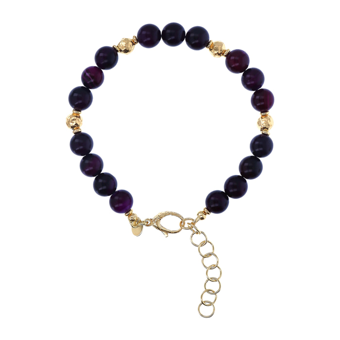 Bracciale in Argento 925 placcato Oro Giallo 18Kt con Elementi Martellati e Sfere in Agata Viola Sfaccettata