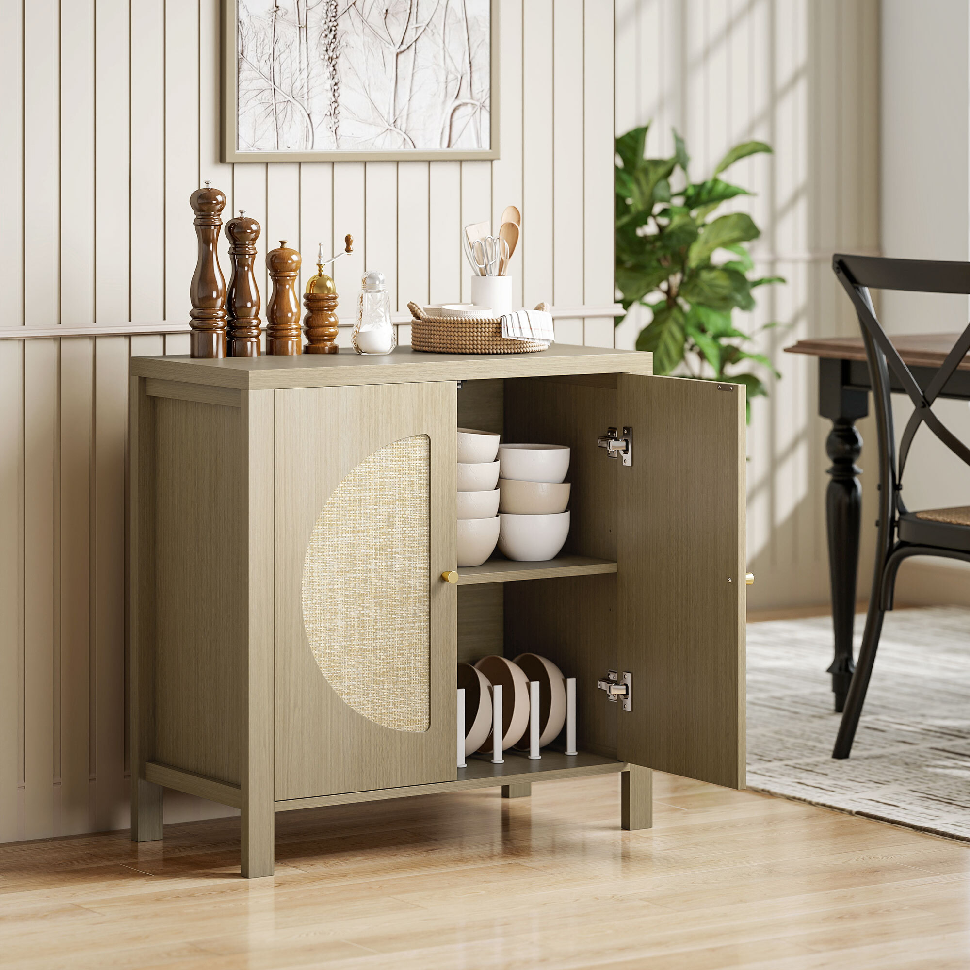 Aparador de Cocina con 2 Puertas de Ratán Sintético, Mueble Auxiliar de Cocina con Estante Ajustable y 2 Tiradores, Mueble de Buffet para Comedor, Salón, 75x38x77 cm, Madera Natural