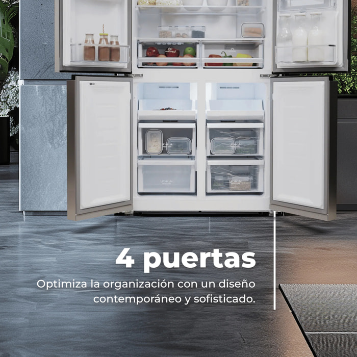 EVVO Frigorífico 4 puertas F100X, Motor Inverter, Total No Frost, 321l + 169l
