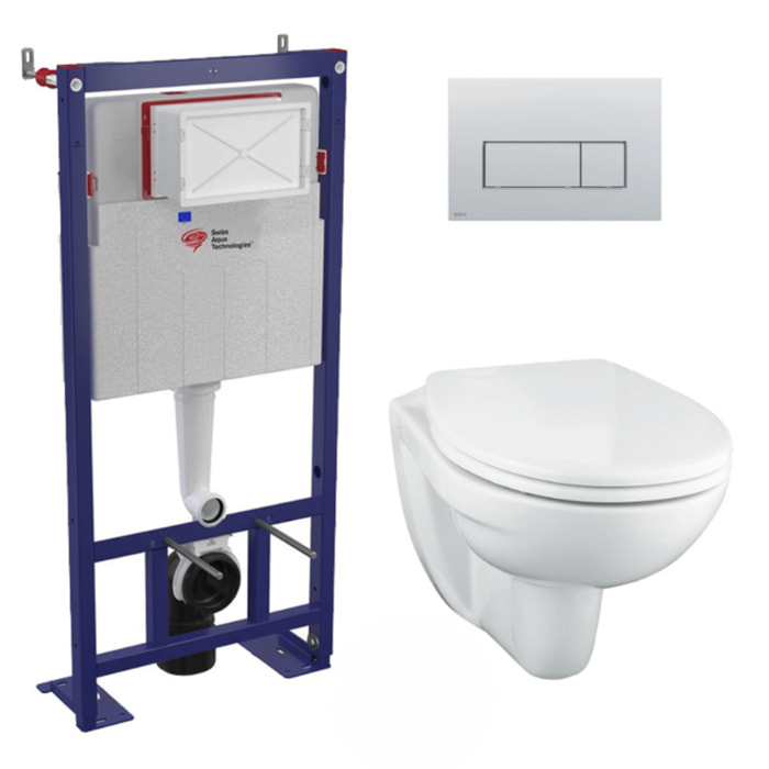 Pack WC Bâti-support autoportant + WC Porcher sans bride + Abattant Astor + Plaque Chrome mat (SMART-Porcher-M572)