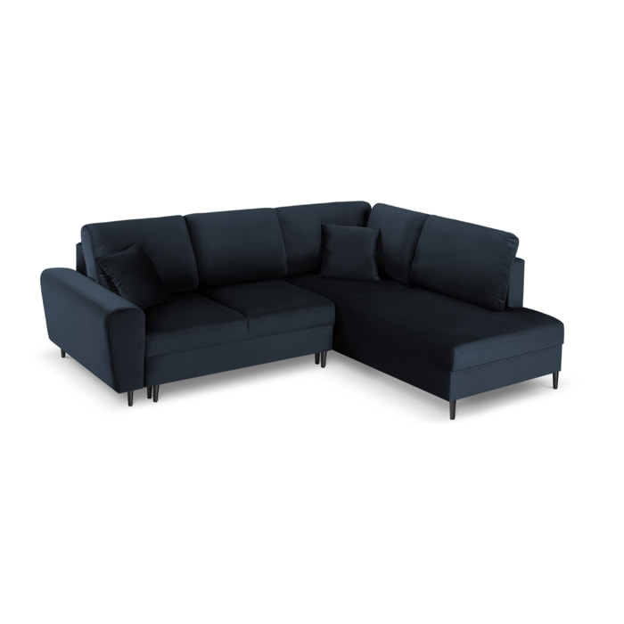 Canapé d'angle droit convertible avec coffre de rangement "Kyoto" 5 places en velours bleu foncé