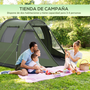 Tienda de Campaña de Túnel Tienda Camping para 3-4 Personas Impermeable PU2000 mm Protección UV30+ con Ventanas y Bolsa de Transporte para Senderismo 475x264x172 cm Verde