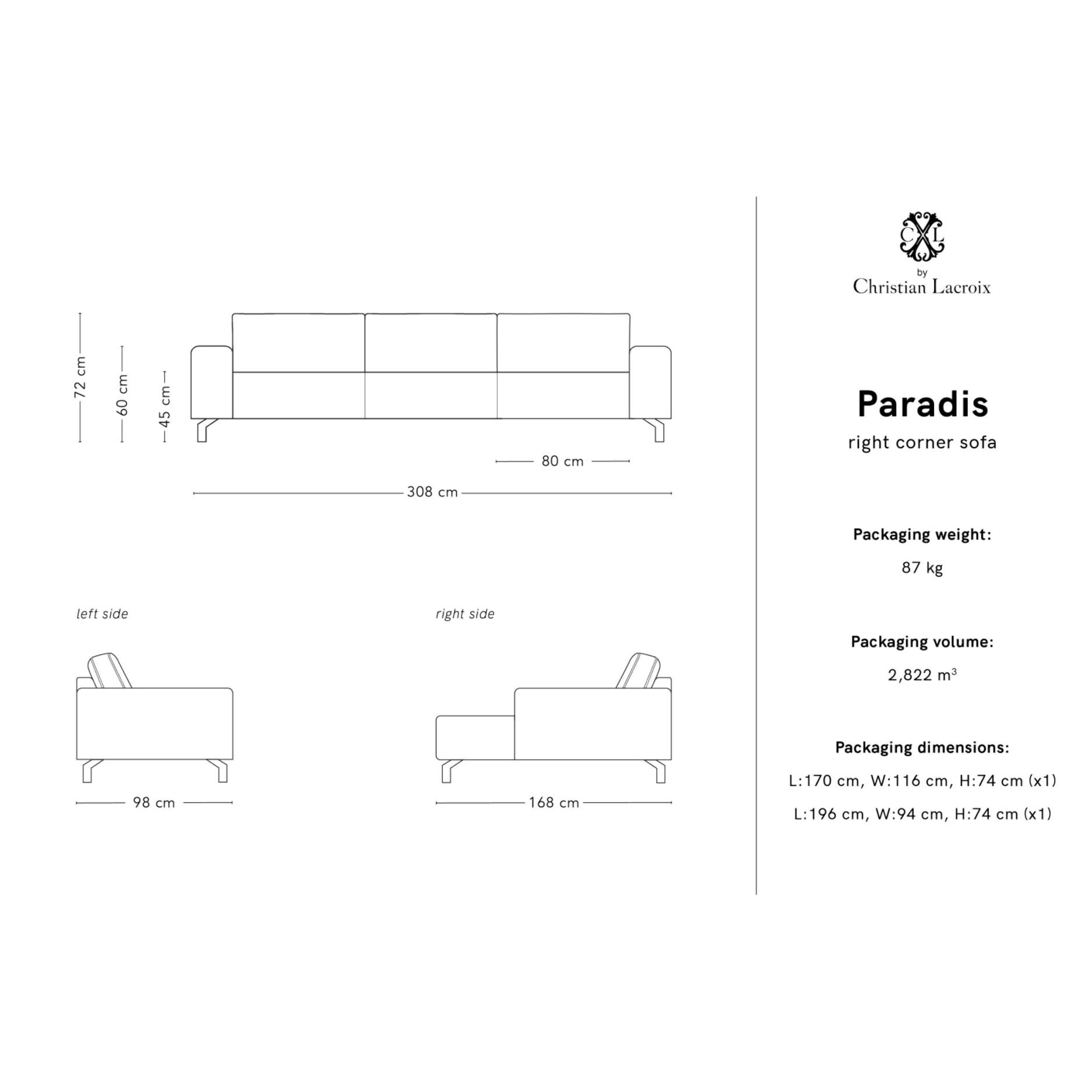 Canapé d'angle droit "Paradis" 4 places en velours gris