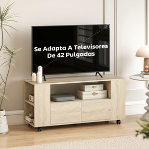 Mueble de TV con Ruedas, Mesa de TV Móvil, Mueble para Televisión hasta 42 Pulgadas, con 2 Cajones, Estantes Ajustables, para Salón, Comedor, Dormitorio, Madera Natural
