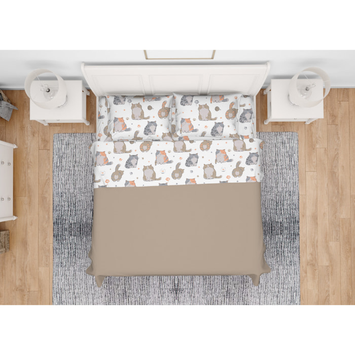 Completo Lenzuola In 100% Cotone Disegno Gatti 25