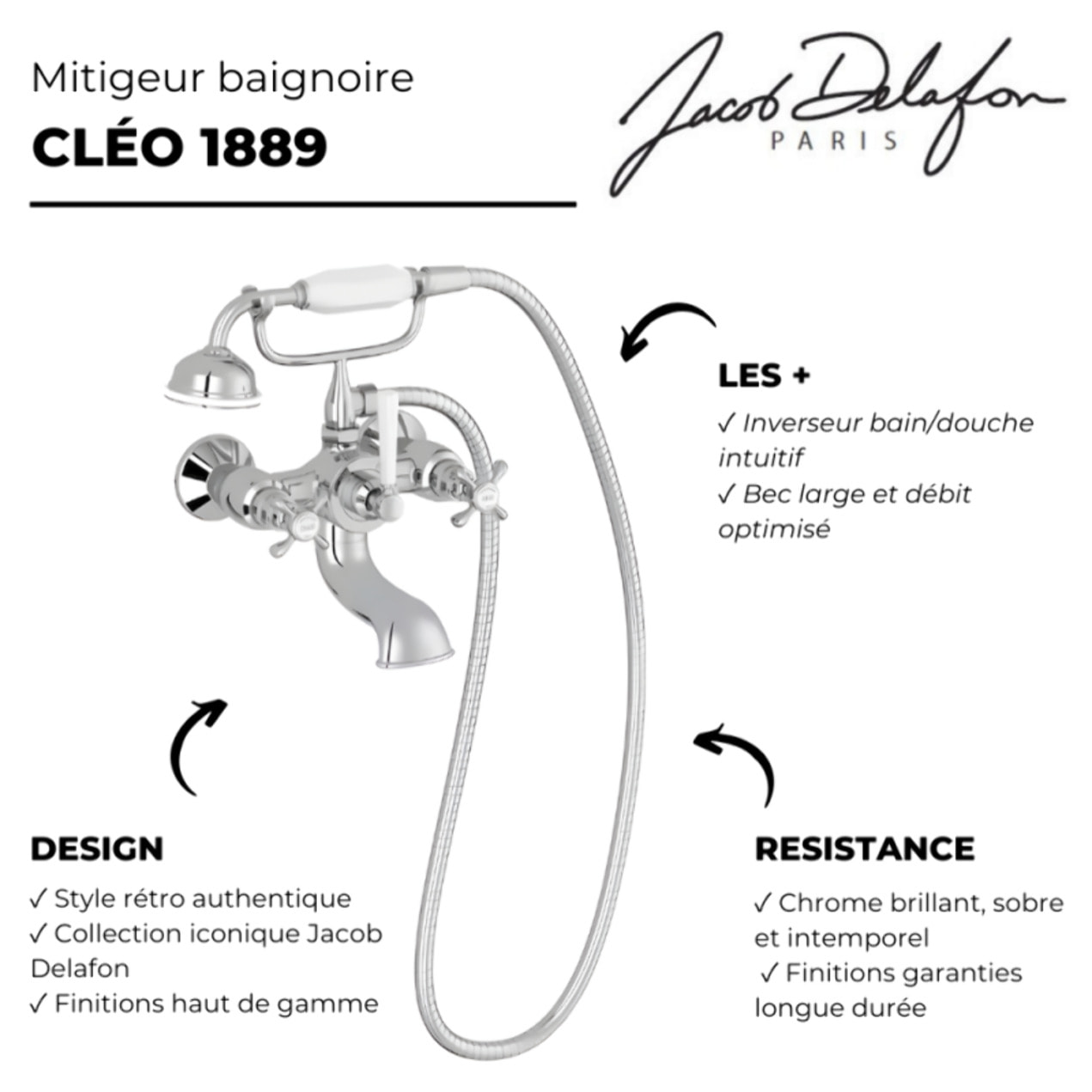 Mélangeur baignoire Cléo 1889 avec pommeau douche Chromé