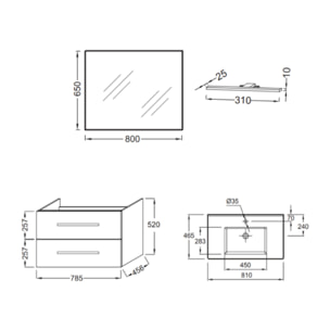 Pack meuble vasque 80 cm Ola up blanc + miroir + spot