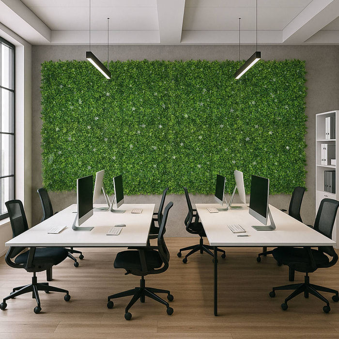 Well home jardín vertical artificial, panel de seto 100x100cm, para decoración interior y exterior - con hojas verdes y flores blancas